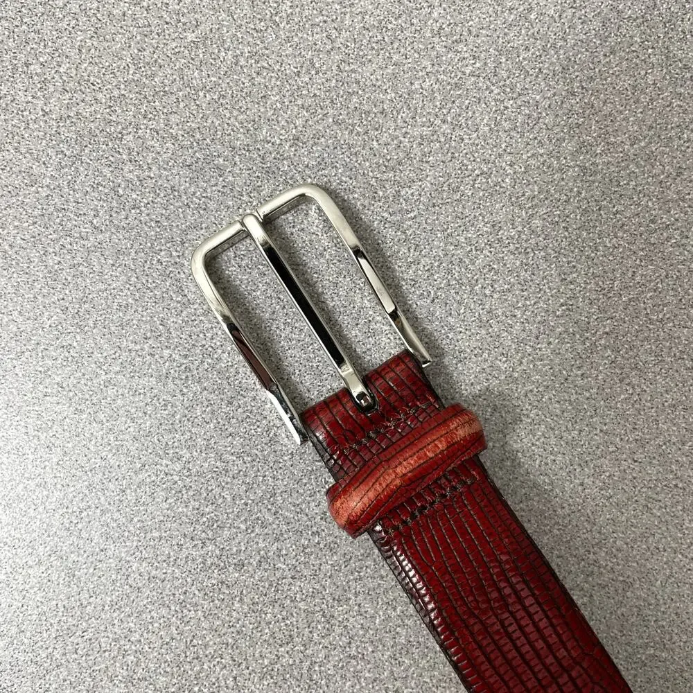 Martin Dingman Leather Belt Medium Red Silver Mens Lizard Grain Calfskin 1